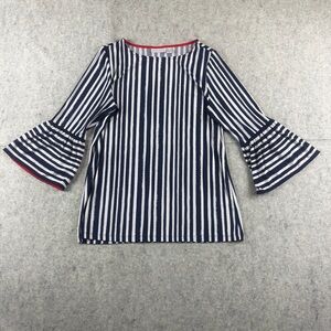 Susan Graver Navy & White Striped Round Neck Bell Sleeves Blouse Size Small